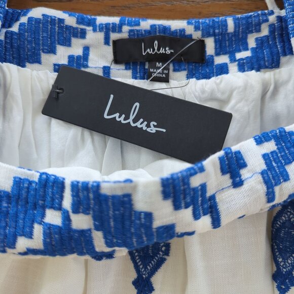 Lulus Mykonos Moment white blue Embroidered linen shift mini dress‎ size M - Picture 8 of 16
